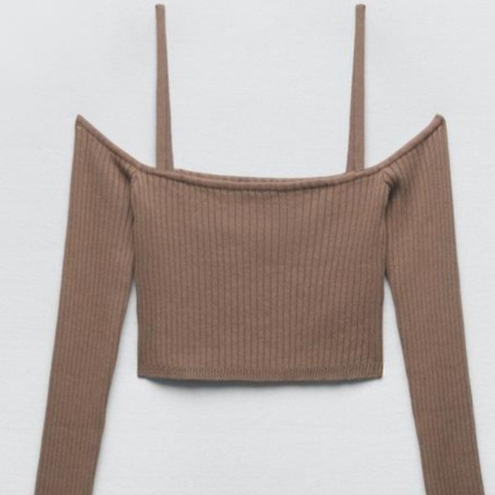 Zara Brown Ribbed Off-Shoulder Crop Top - Picture 2 of 2